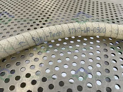 USED SANI TECH STHT-WR-0500 60" SILICONE HOSE W/ THREADED AND 1/2" SANITARY FITTING