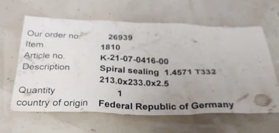 T332 Spiral Pump Sealing Rings 1810  1.4571  213.0x233.0x2.5