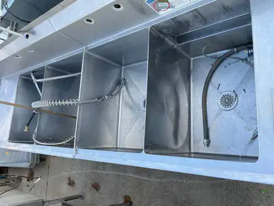 Used Falcon Restaurant Supply Used 112" 4 Compartment Commercial Stainless Sink with Twist Drains and Power Soak - SS14 Sinks Illinois US | Falcon Restaurant Supply #1376382