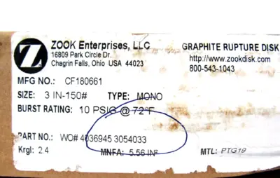 NEW ZOOK ENTERPRISES CF180661 GRAPHITE RUPTURE DISC 3" 4036945 3054033