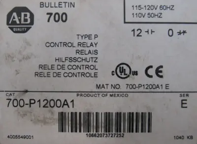 ALLEN BRADLEY 700-P1200A1 CONTROL RELAY SER.E 700P1200A1 (NEW SURPLUS)