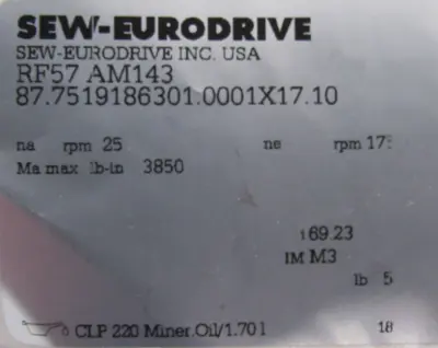 NEW SEW EURODRIVE RF57AM143 INLINE GEAR REDUCER 69.23:1
