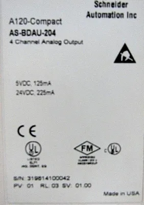 REFURBISHED SCHNEIDER ELECTRIC AS-BDAU-204 ANALOG OUTPUT MODULE ASBDAU204