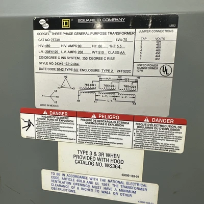 Used Square D 75T3H Transformers Indiana US | J&J Industrial Supply #1292096