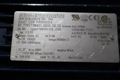SEW EURODRIVE SA67 D26 DRN90S4/ SA67D26DRN90S4 GEARMOTOR-SURPLUS NEVER USED HS25