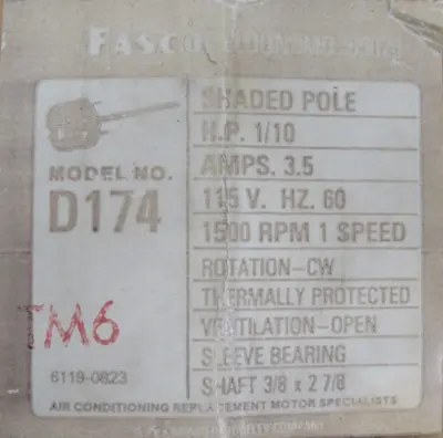 NEW FASCO D174 MOTOR 1/10HP TYPE U8 RPM 1500