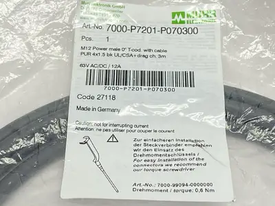 NEW MURR ELEKTRONIK SINGLE ENDED CORDSET MALE M12 4-PIN 3M