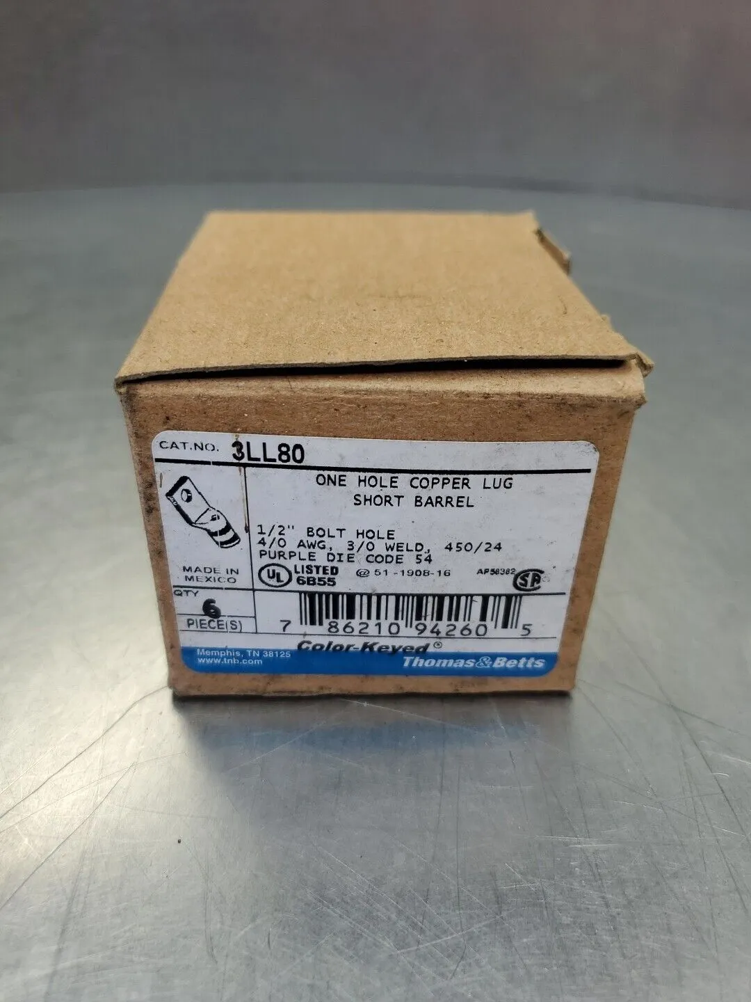 THOMAS & BETTS 3LL80 Comp. Connector, Purple, 1/2" Bolt Hole, Lot of 6. 4C-38