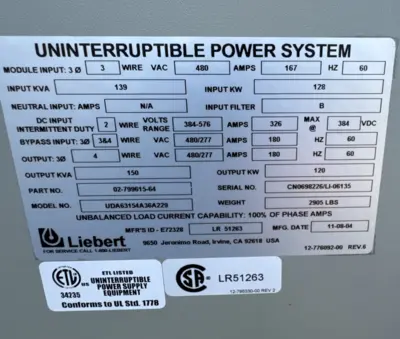 Used Liebert UDA63154A36A229 Uninterruptible Power Supplies California US | Davliegogo LLC #1706382
