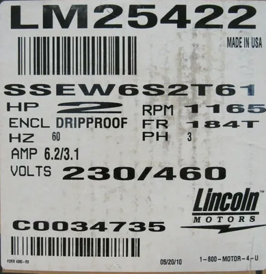 NEW LINCOLN LM25422 MOTOR 2HP 230/460V 1165RPM 1-1/8" DIA.
