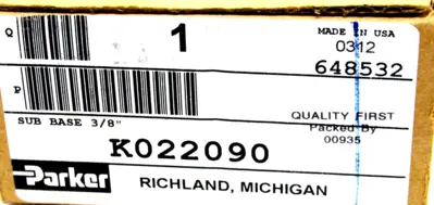 NEW PARKER K022-090 VALVE AIR BASE 3/8" K002090