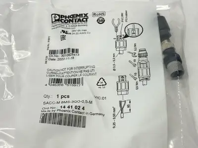 SACC-M 8MS-3QO-0,5-M,1441024 | Phoenix Contact SACC-M 8MS-3QO-0,5-M Connector Male M8 3-Pin A-Code 1441024 - New