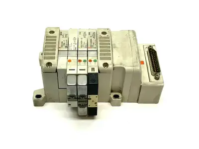 VV5QC11-04N3FD0-S,VVQ1000-10A-1,VQ1100N-51,VQC1400 | SMC VV5QC11-04N3FD0-S Pneumatic Manifold Base w/ Solenoids - Used