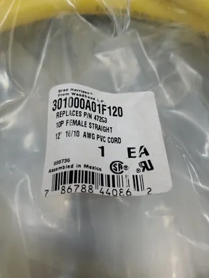 Brad Harrison 301000A01F120 10P Fem Straight 12' 16/10 AWG PLC Cord 5D-26