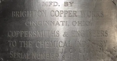 SPC3539  Distillation Column and Still 14 gallon Brighton Copper Works pot still 30 psi, Stainless Steel