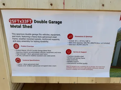 New SDLANCH 25’ x 33’ Double Garage Metal Shed, Model SDLC2533FT, 292” Wide x 386” Long x 148” Tall ...