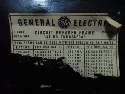 General Electric TKM836F000 Circuit Breaker 800 Amp Frame 600 Amp Trip Used