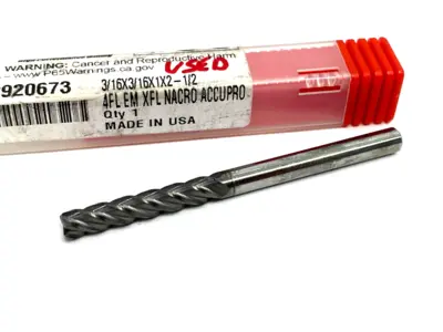 USED ACCUPRO SQUARE END MILL 3/16" DIA, 1" LOC, 4 FLUTE, SOLID CARBIDE