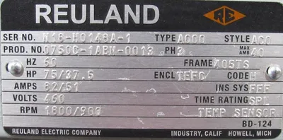 NEW REULAND 0750C-1ABN-0013 MOTOR 75/37.5HP 460V 1800/900 RPM 405TS A000 AC0