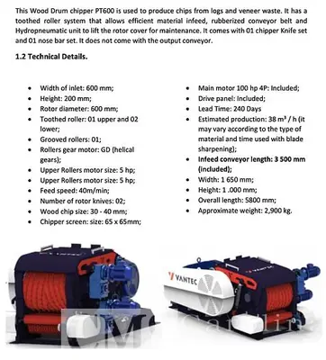 USED VANTEC PT600 HORIZONTAL DRUM CHIPPER