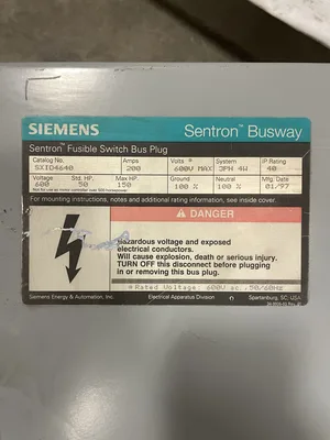 Siemens Sentron SXID4640 200A Fusible Busway Switch Bus Plug 50-150HP 600V