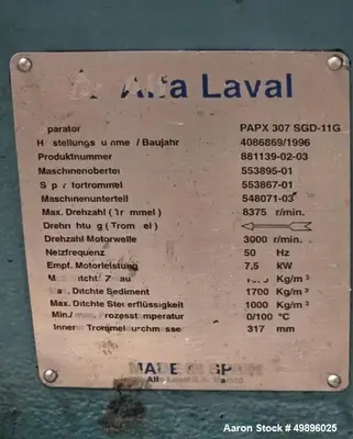 USED ALFA LAVAL PAPX 307-SGD-11G