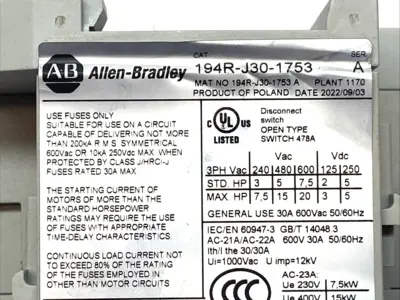 USED ALLEN-BRADLEY FUSED DISCONNECT 30A W/ 194R-PY