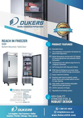 New | in-Stock Dukers New Dukers D28F Stainless Steel Single Solid Door Commercial Reach-in Freezer Freezers Illinois US | Falcon Restaurant Supply #1376363