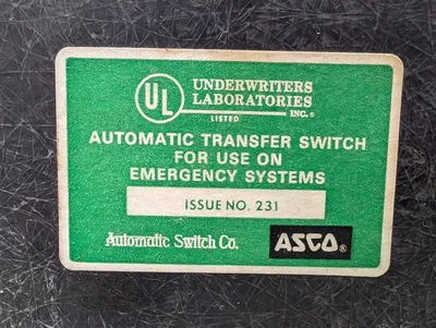 100 Amp ASCO Issue 231 K010051376 Automatic Transfer Switch 480V Used