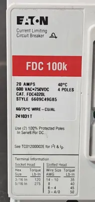 Eaton FDC 100K / FDC4020l 20A 600VAC 4 poles Circuit Breaker (BIN733)