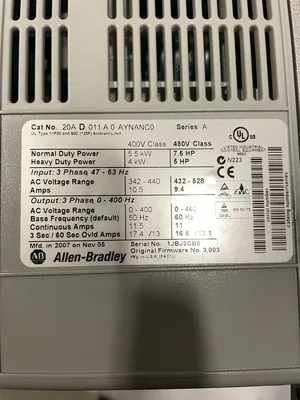 Allen-Bradley PowerFlex 70 VFD 20AD011A0AYNANC0 | 5HP 7.5HP | 480V AC Drive | Variable Frequency Drive