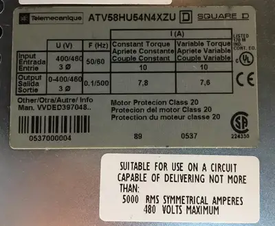 SQUARE D / TELEMECANIQUE ALTIVAR 58 4 HP VARIABLE FREQ. DRIVE ATV58HU54N4XZU. 1F