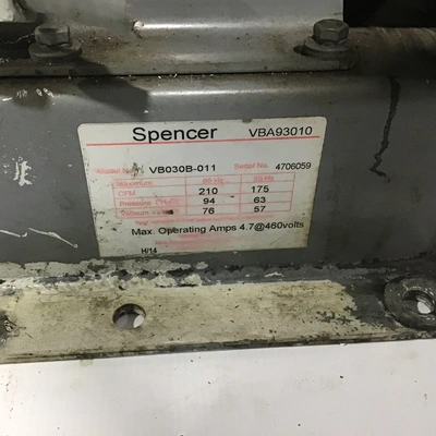 Spencer VB030B-011 Vortex Blower Max Operating Amps 4.7 @460Volts with Baldor Motor