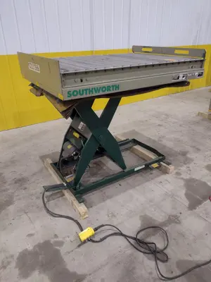 3800 LBS X 60" X 42" SOUTHWORTH MODEL #LS4-36 HYDRAULIC SCISSOR LIFT TABLE WITH ROLLER TOP, 110 VOLT: STOCK #20885