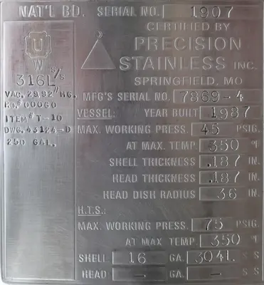 SPC9010  Reactor 250 gallon capacity Precision Stainless, Inc bioreactor 45 PSIG @ 350 degrees F psi internal, 75 PSIG @ 350 degrees F psi jacket, 316 SS