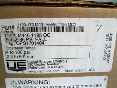 1/2" United Electric Controls J120-173 Pressure Switch 250VAC NEW/SEALED E9