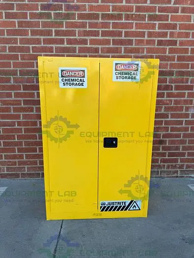 Used JUSTRITE 45 GALLON FLAMMABLE LIQUID STORAGE CABINET W/ SOFT CLOSE DOORS, KEY Biological Safety Cabinets | Equipment Lab #486639
