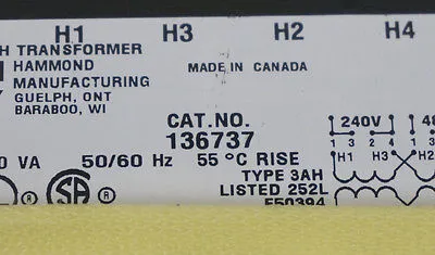 NEW HAMMOND MANUFACTURING TRR00014 TRANSFORMER 240-480V, 250VA, 136737