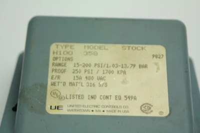 Used United Electric Controls H100 358 Pressure Switches California US | Davliegogo LLC #1705243