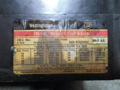 Westinghouse LAP3400PF Tri-Pac Circuit Breaker 400A Frame 300A Trip Used
