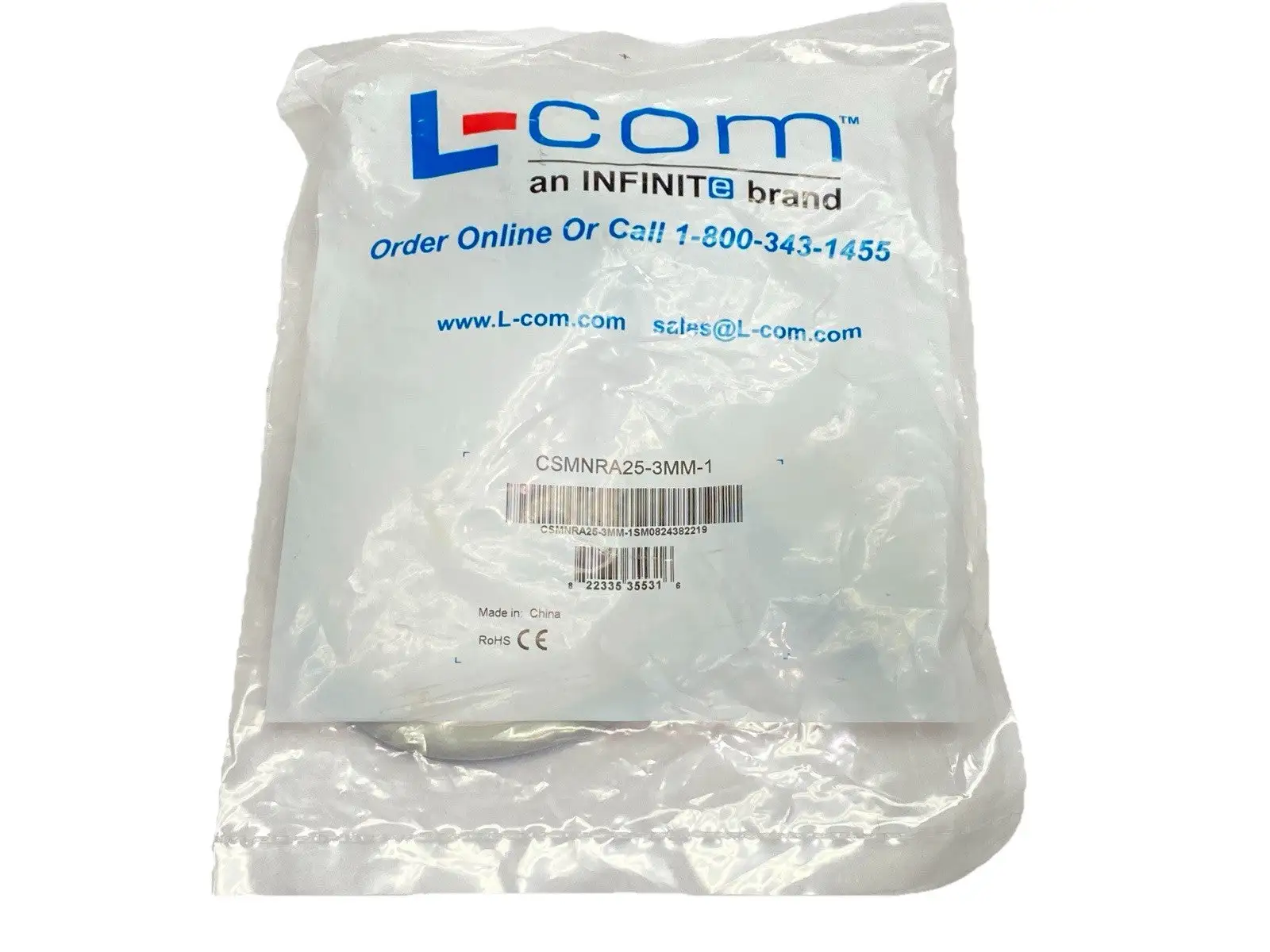 NEW L-COM MOLDED D-SUB CABLE DB25 MALE RIGHT ANGLE EXIT 3 MALE 1FT