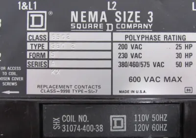 NEW SQUARE D 8502SE02S STARTER SIZE 3 SER.A