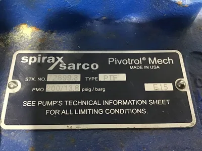 Spirax Sarco Pivotrol 72897.3 PTF Pressure Powered Pump