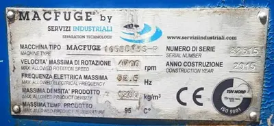 Macfuge 105 BDM 3S-P biodiesel washing separator, SS.
