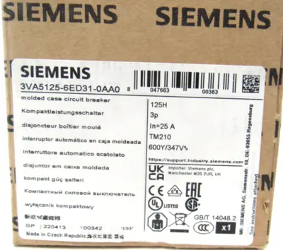 NEW SIEMENS 3VA5125-6ED31-0AA0 CIRCUIT BREAKER 3VA51256ED310AA0