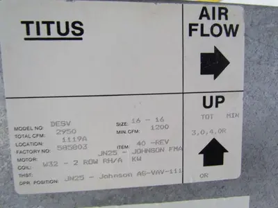 Titus DESV Variable Air Volume Single Duct Terminal Size 16-16 2500 Total CFM