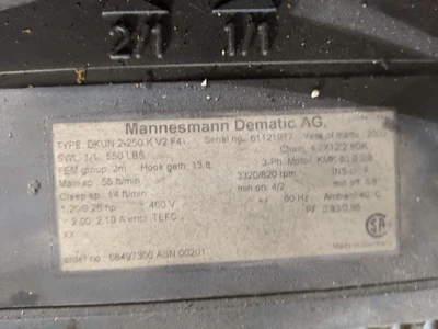 Demag Electric Chain Hoist DKUn 2-250 K V2 F4