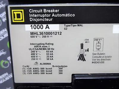 Square D MHL3610001212 Circuit Breaker 600VAC 250 VDC 1000A S2 Used