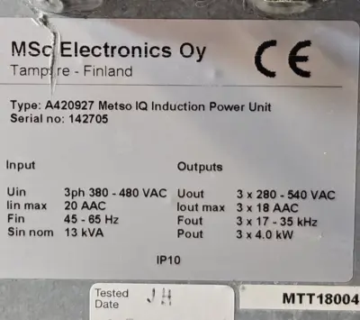 MSc Electronics Oy A420927 Metso IQ Induction Power Unit (BIN315)