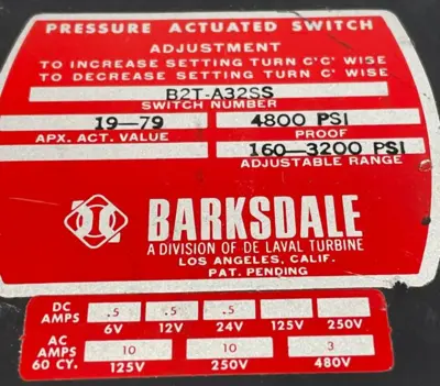 NEW BARKSDALE B2T-A32SS PRESSURE ACTUATED SWITCH 160-3200 PSI B2TA32SS